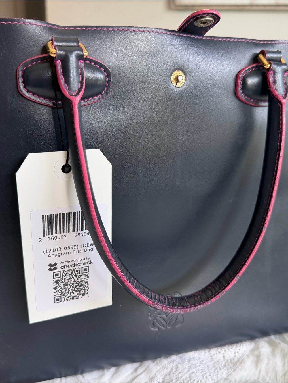 Loewe Navy Leather Tote with Pink Trim and Gold Hardware